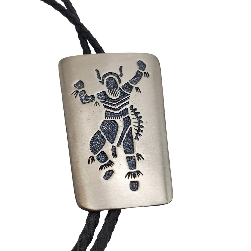 Bolo Tie Silver Kachina Dancer Braided Black Cord Western Cowboy Accessory